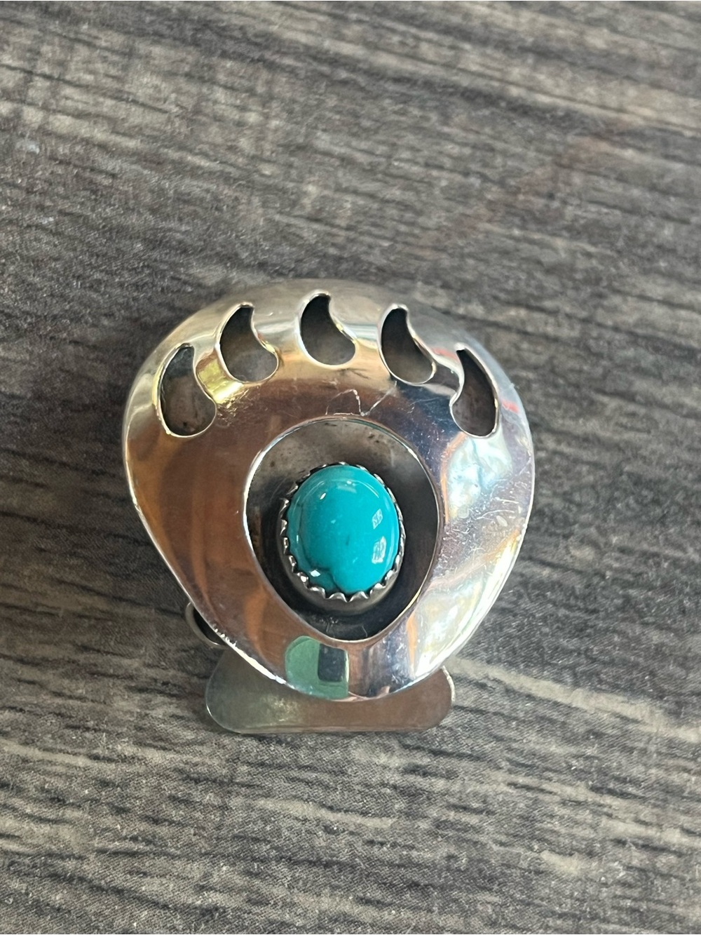 Sterling Silver Turquoise Bear Claw Shadow Box Bolo Tie Clip. Native American
